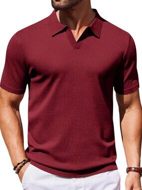 Women's Wine Red V-Neck Short Sleeve Stretch Knit Polo Shirt Top